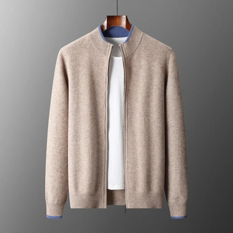 Men's mock neck zip cardigan with ribbed trim