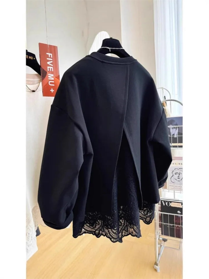 Women's crew-neck sweatshirt with open back and scalloped lace hem