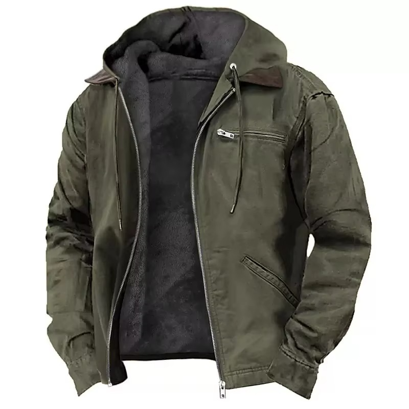Men's hooded workwear jacket with zip front and utility pockets