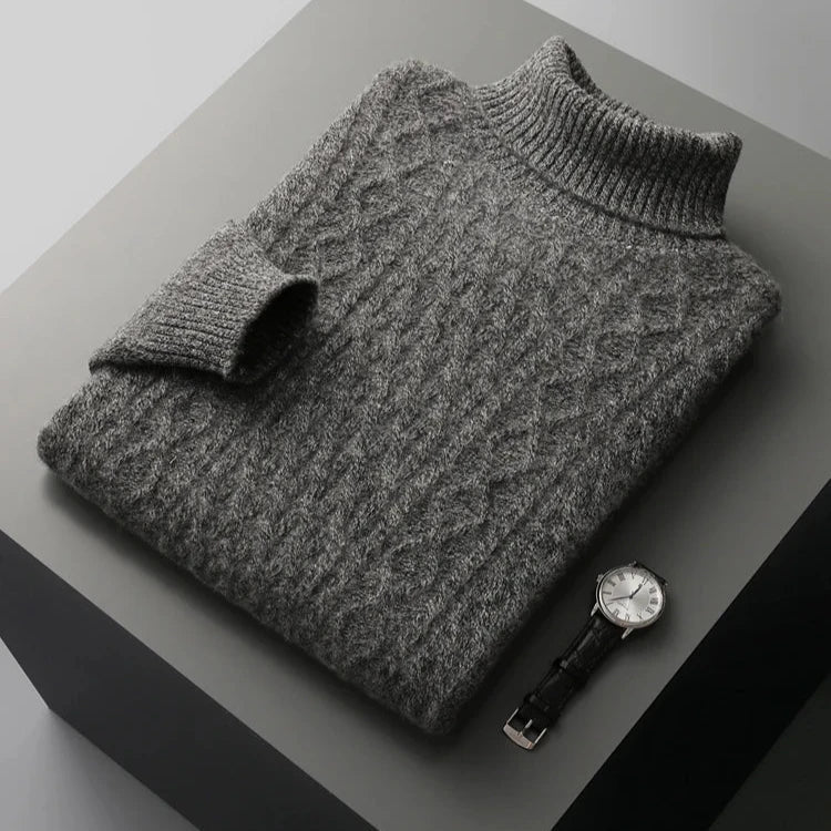 Men's long-sleeved cable knit roll neck jumper with ribbed trims