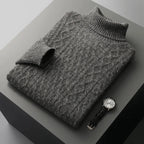 Men's long-sleeved cable knit roll neck jumper with ribbed trims