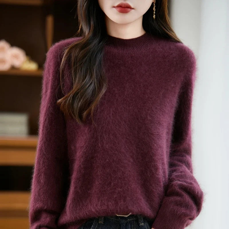 Women's fuzzy crew neck sweater with long sleeves