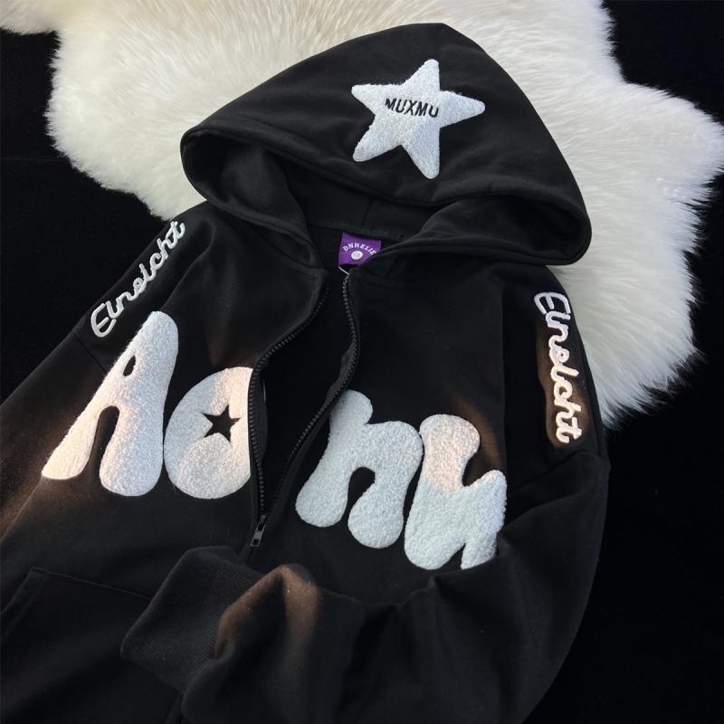 Women's hooded zip-up hoodie with contrasting star appliqué, lettering and front pouch pocket