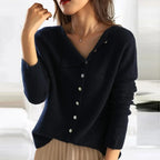 Women's plain long-sleeved button cardigan with a round neckline