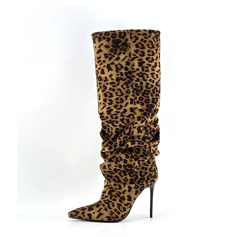 Women's slouch knee-high boots with pointed toes and stiletto heels