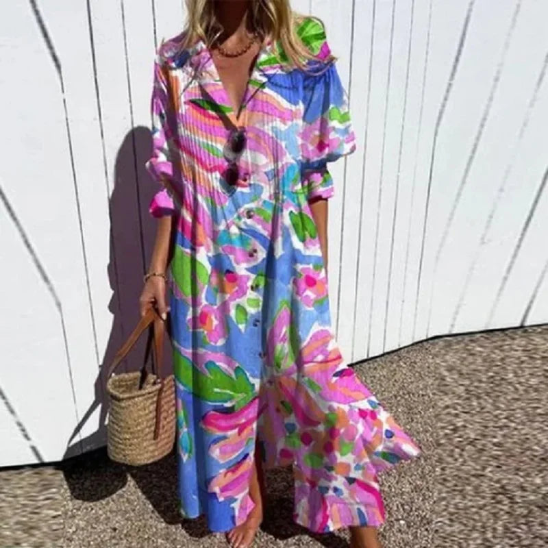 Women's multicolor floral V-neck maxi dress with three-quarter sleeves