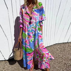Women's multicolor floral V-neck maxi dress with three-quarter sleeves