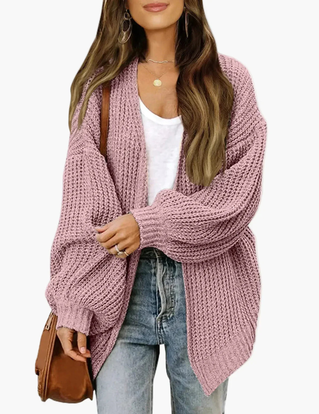 Women's oversized open front knit cardigan with long sleeves