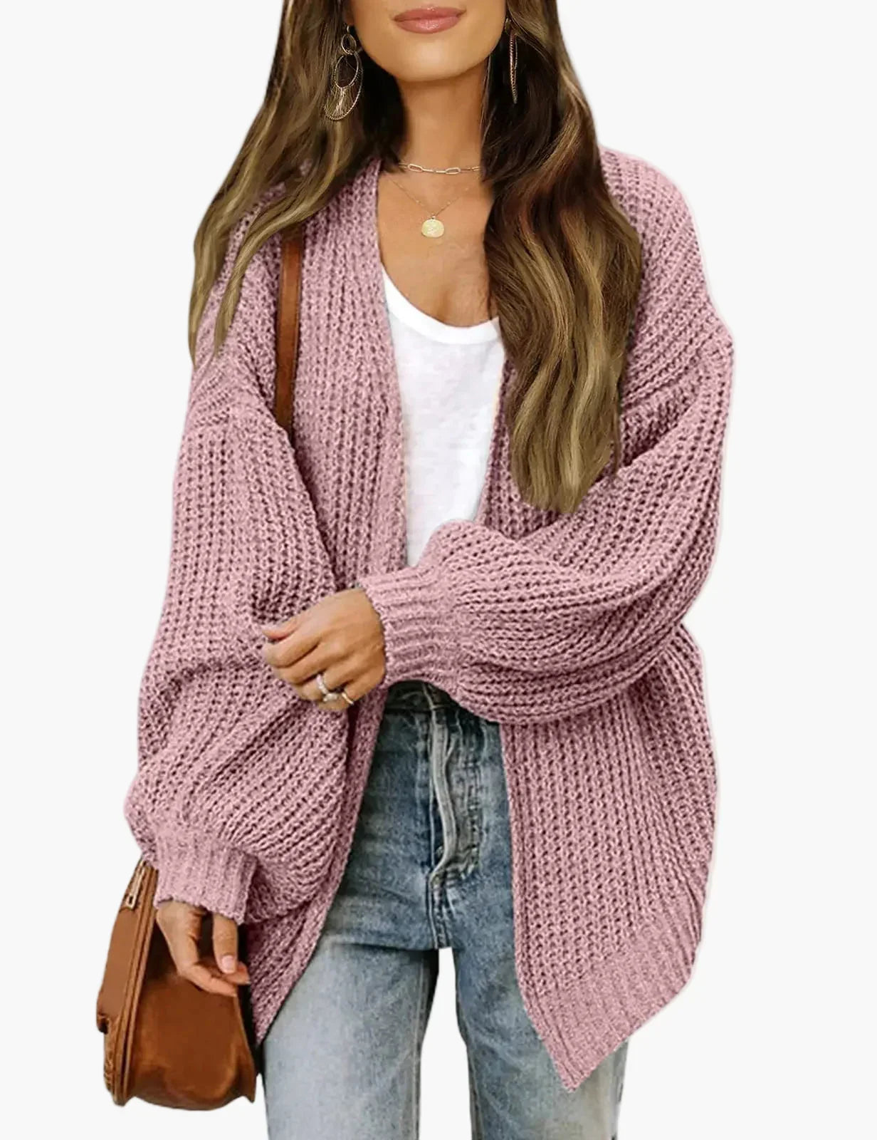 Women's oversized open front knit cardigan with long sleeves