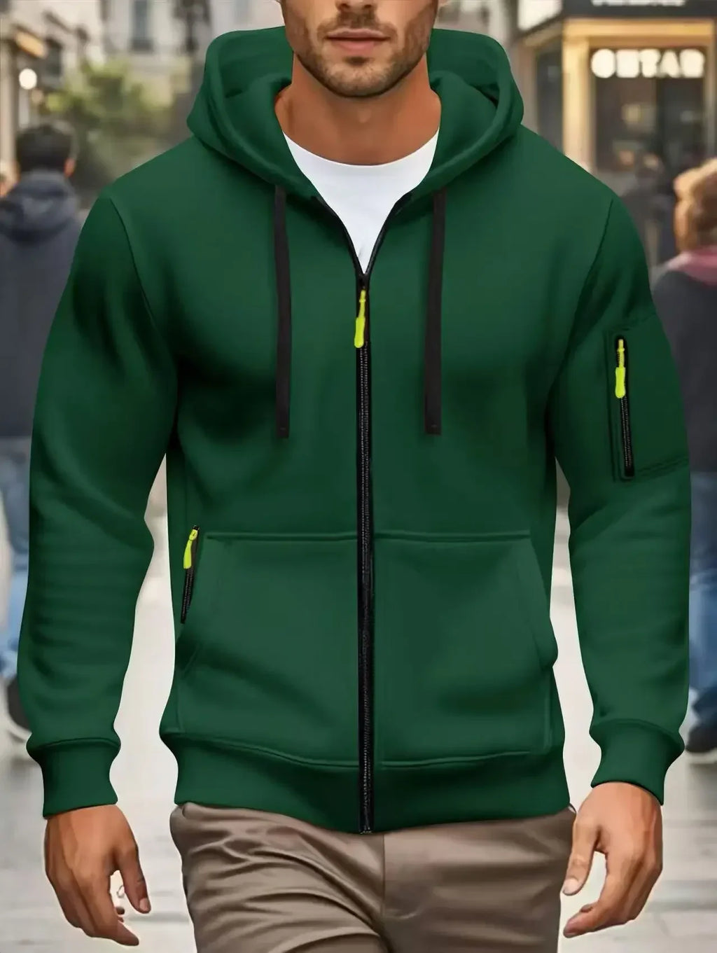 Men's dark green hooded zip-up hoodie with long sleeves and multiple zipped pockets