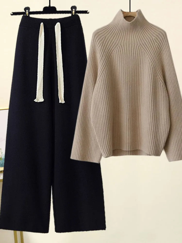 Women's ribbed knit set with turtleneck sweater and wide-leg trousers