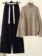 Women's ribbed knit set with turtleneck sweater and wide-leg trousers