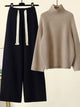 Women's ribbed knit set with turtleneck sweater and wide-leg trousers