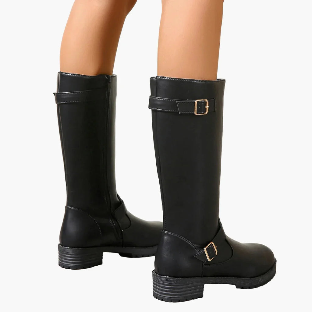Women's black knee high boots with buckles and low heel