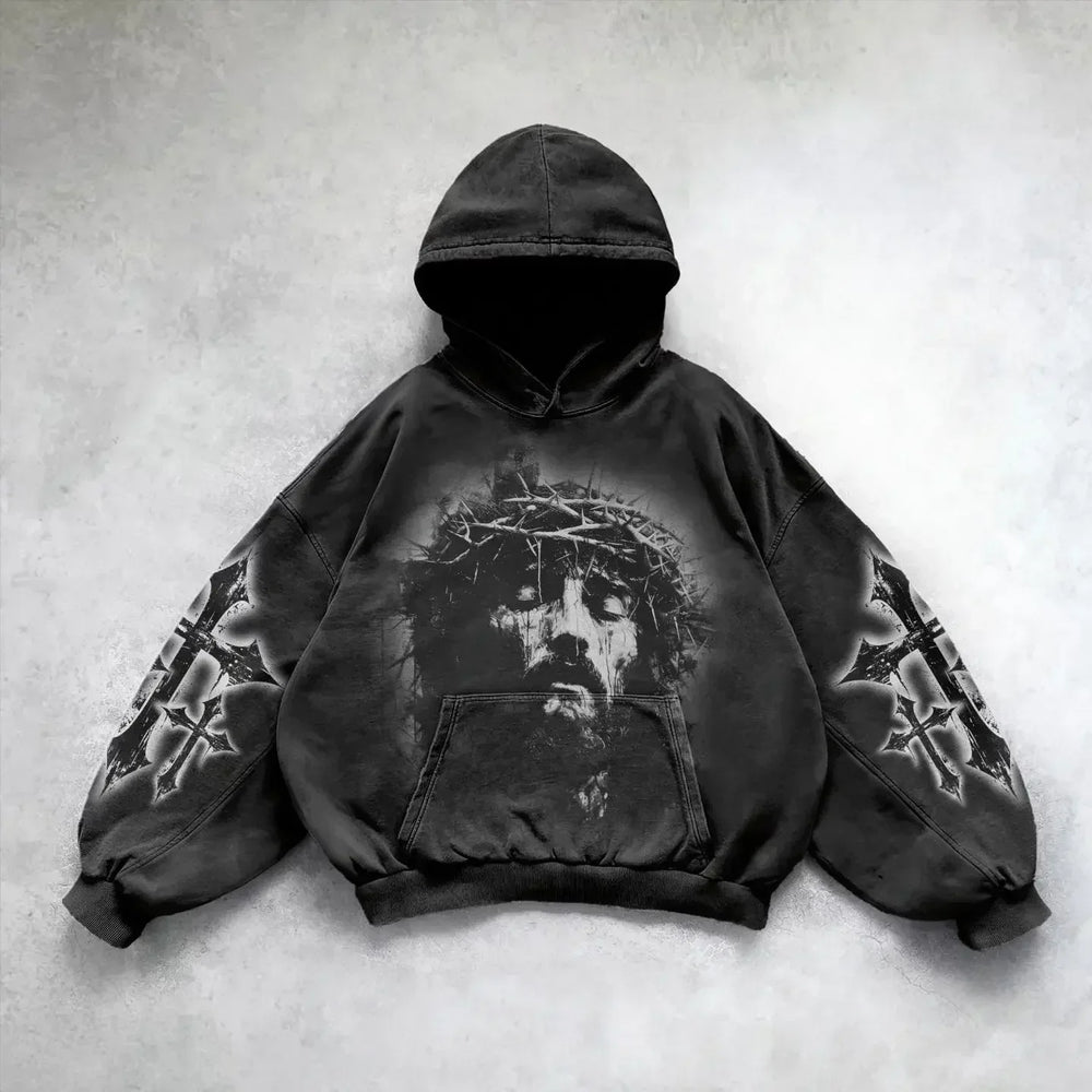 Black washed hoodie with graphic front and sleeve prints