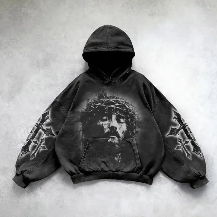 Black washed hoodie with graphic front and sleeve prints