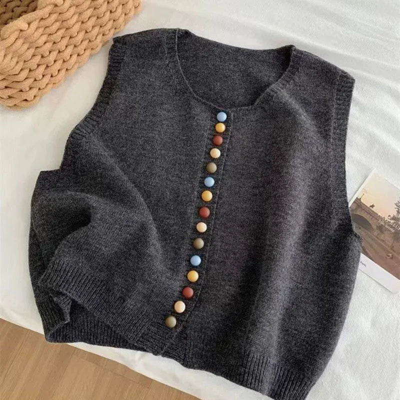 Sleeveless knit vest with scoop neck and multicolour front buttons