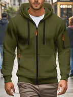 Men's dark green hooded zip-up hoodie with long sleeves and multiple zipped pockets