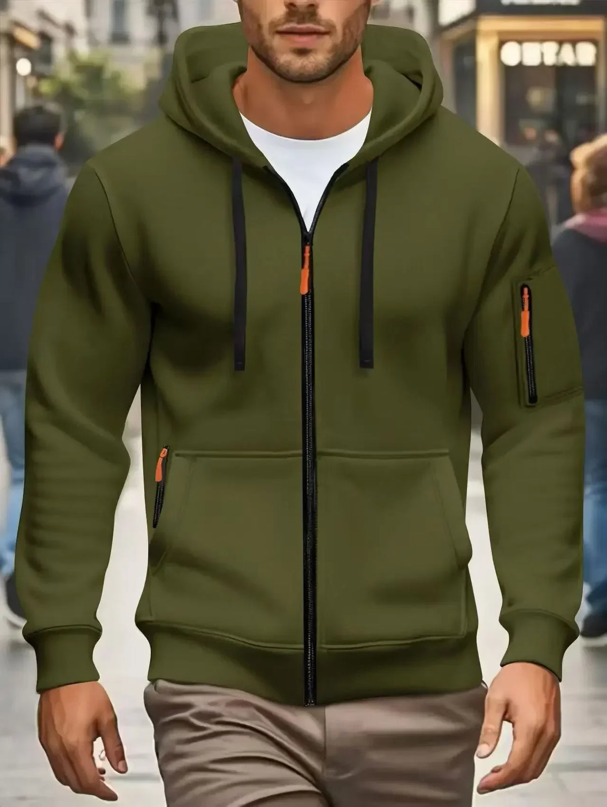 Men's dark green hooded zip-up hoodie with long sleeves and multiple zipped pockets