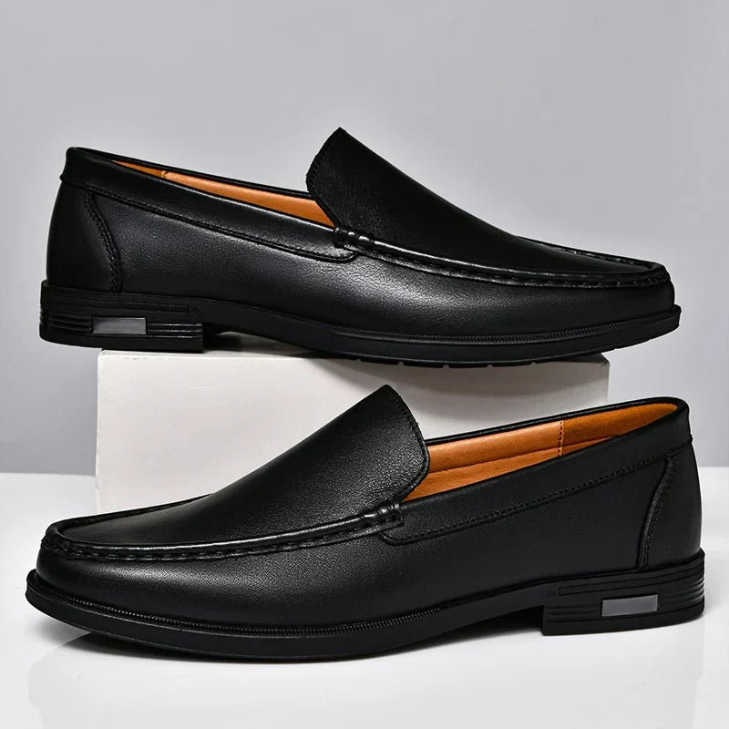 Men's slip-on moc toe loafers in black and brown