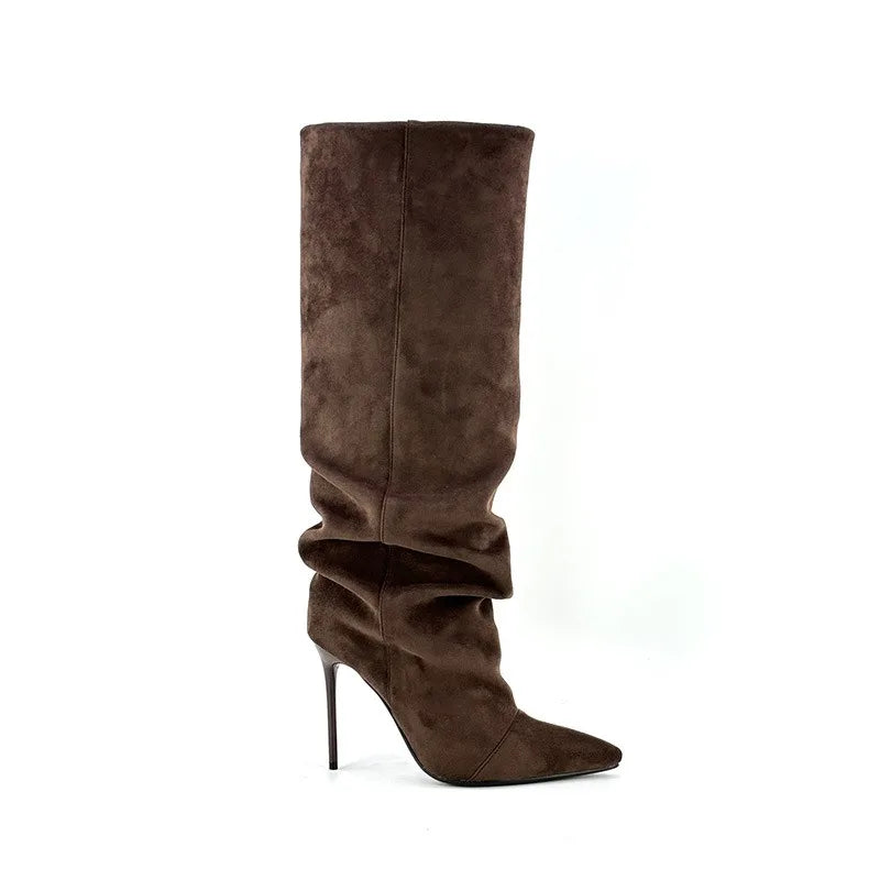 Women's slouch knee-high boots with pointed toes and stiletto heels