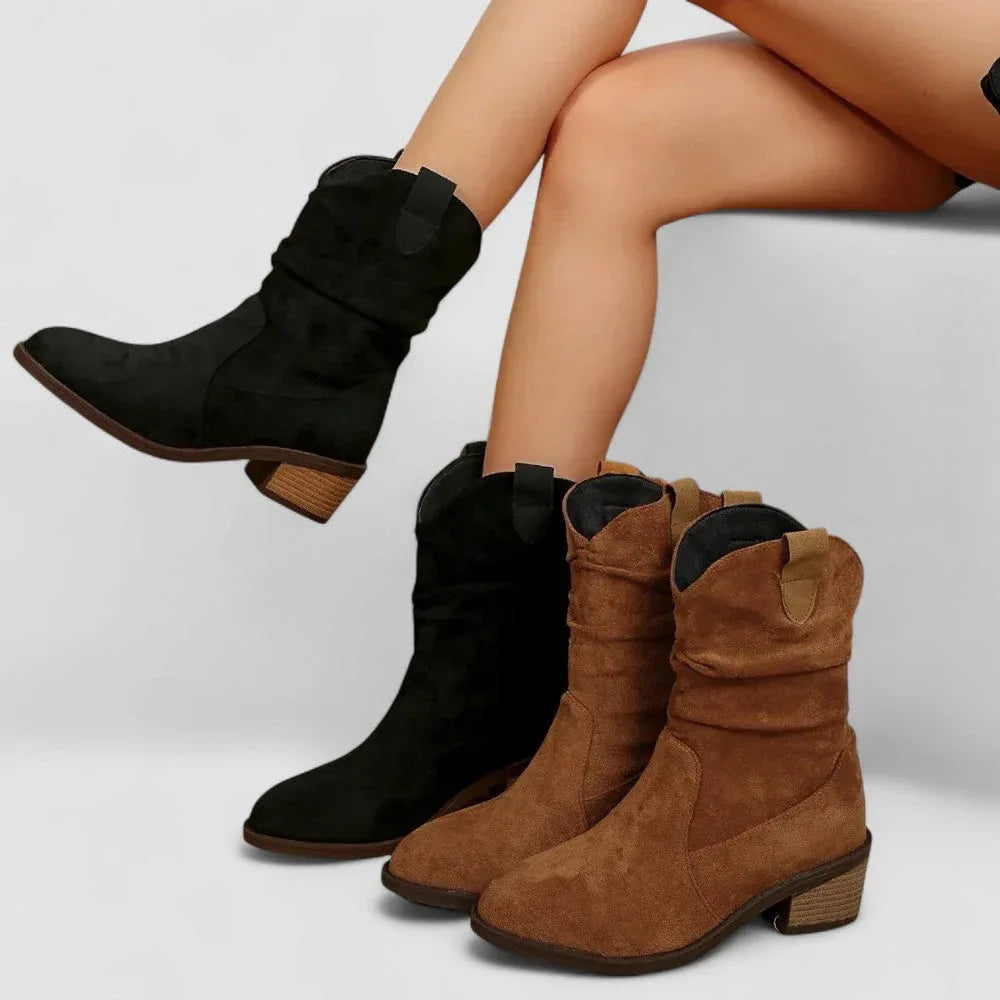 Women's slouch mid-calf boots with pointed toes and block heels