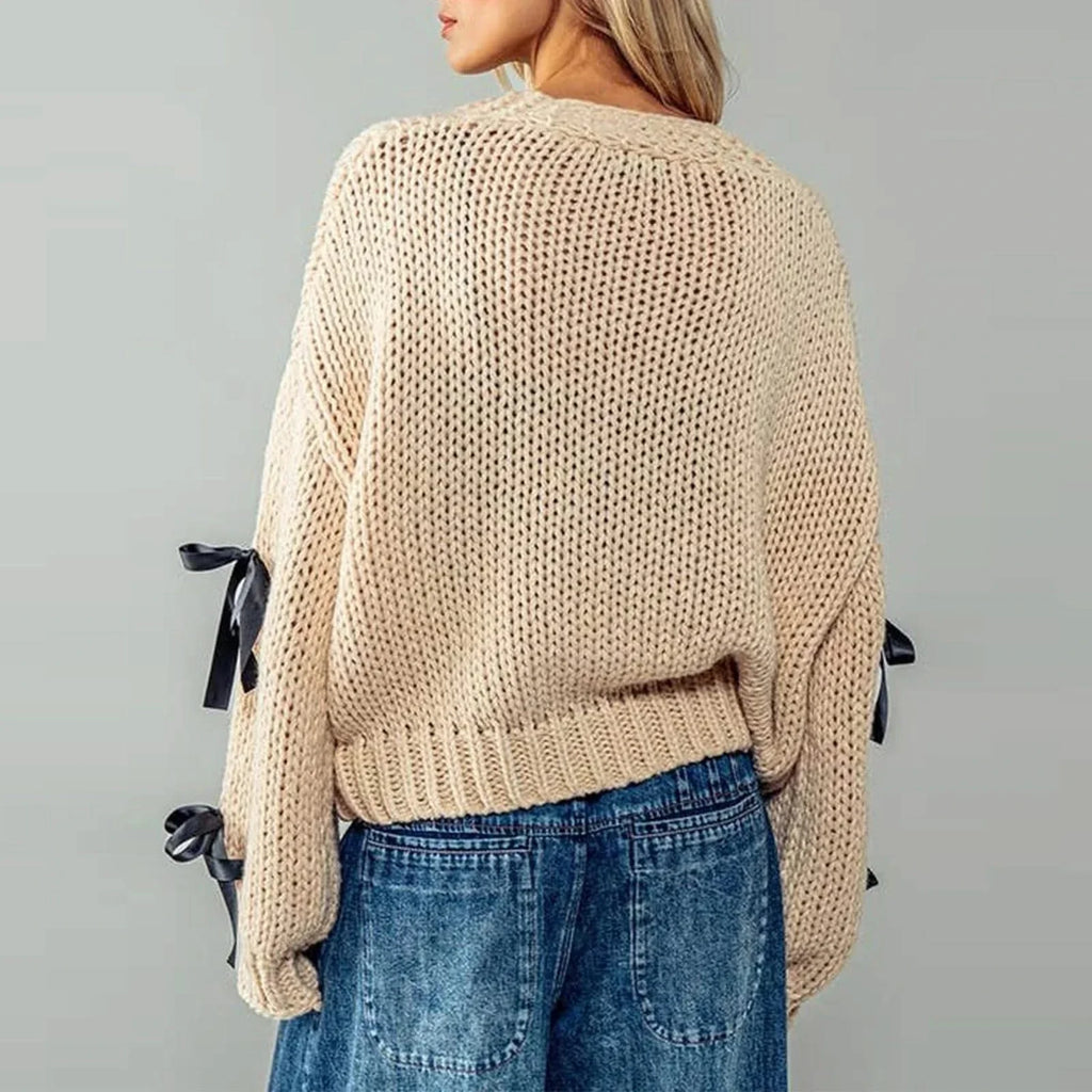 Women's knitted cardigan with ribbon bow ties and long sleeves