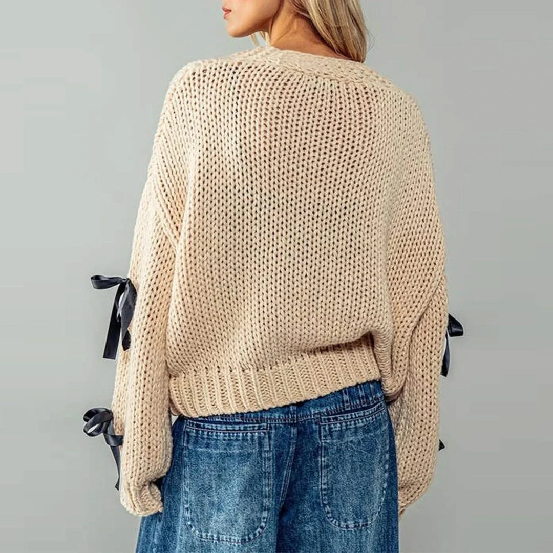 Women's knitted cardigan with ribbon bow ties and long sleeves