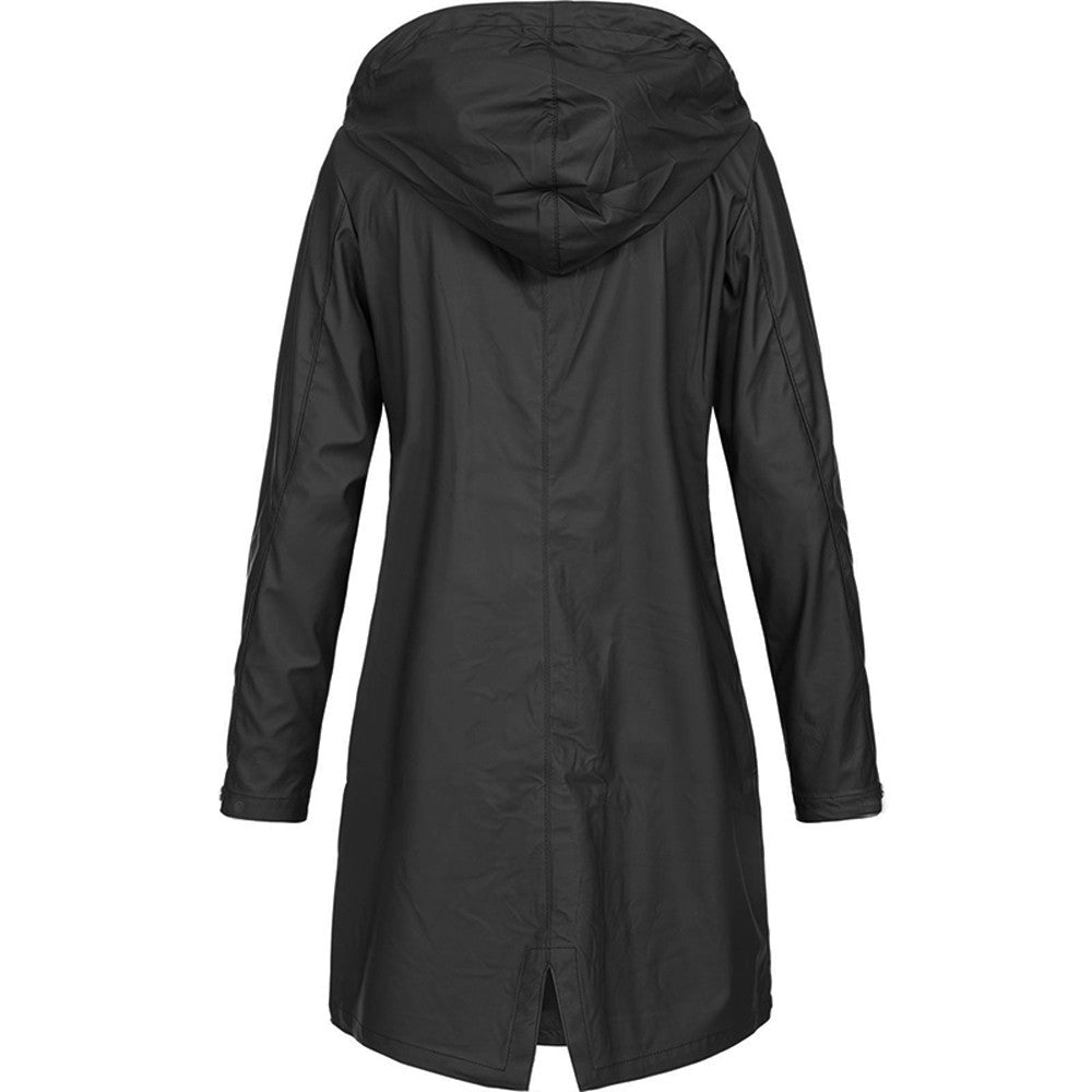 Women's hooded mid-length raincoat with long sleeves and front pockets