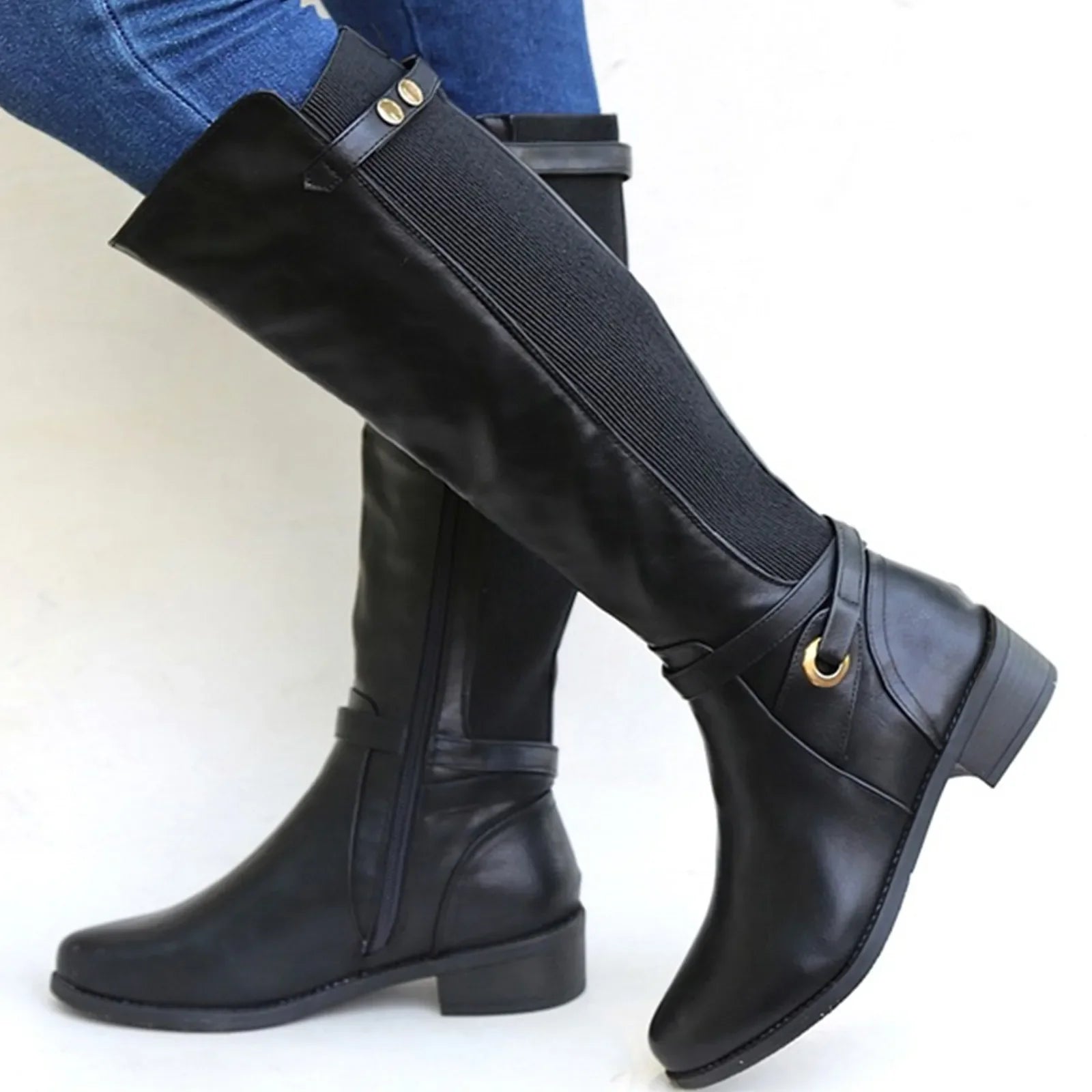 Women's knee-high boots with low block heels and side zips