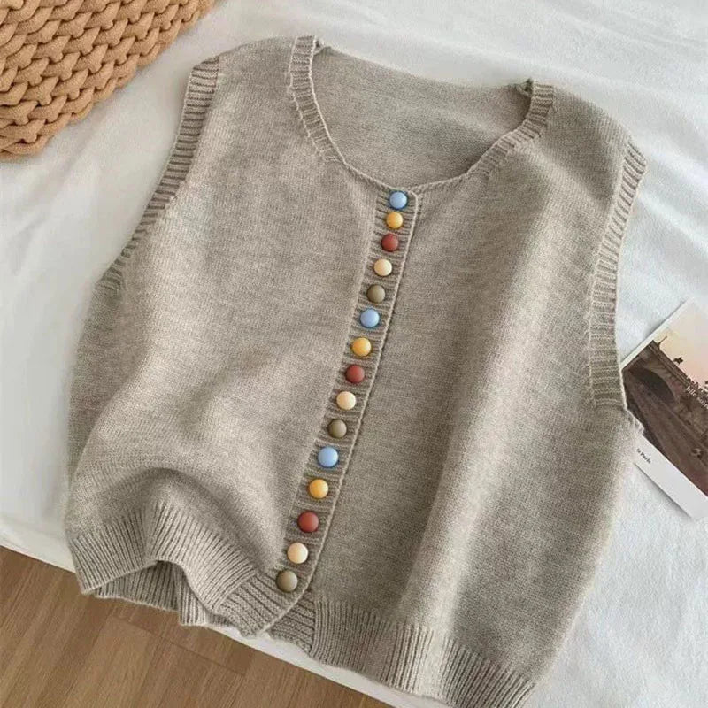 Sleeveless knit vest with scoop neck and multicolour front buttons