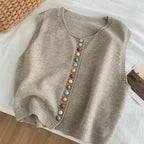 Sleeveless knit vest with scoop neck and multicolour front buttons