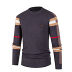 Men's crew neck sweater with striped long sleeves and ribbed trims