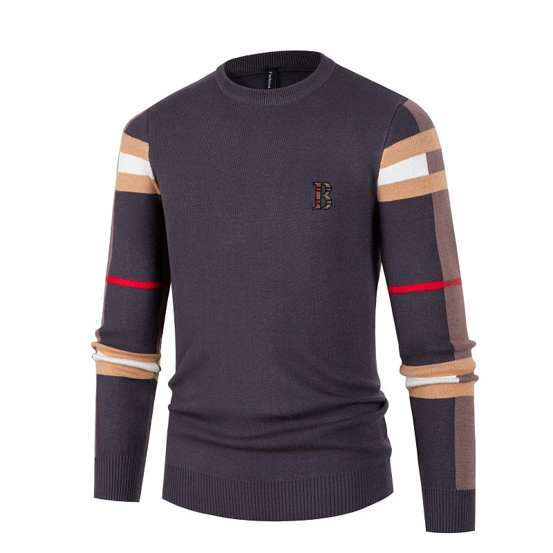 Men's crew neck sweater with striped long sleeves and ribbed trims