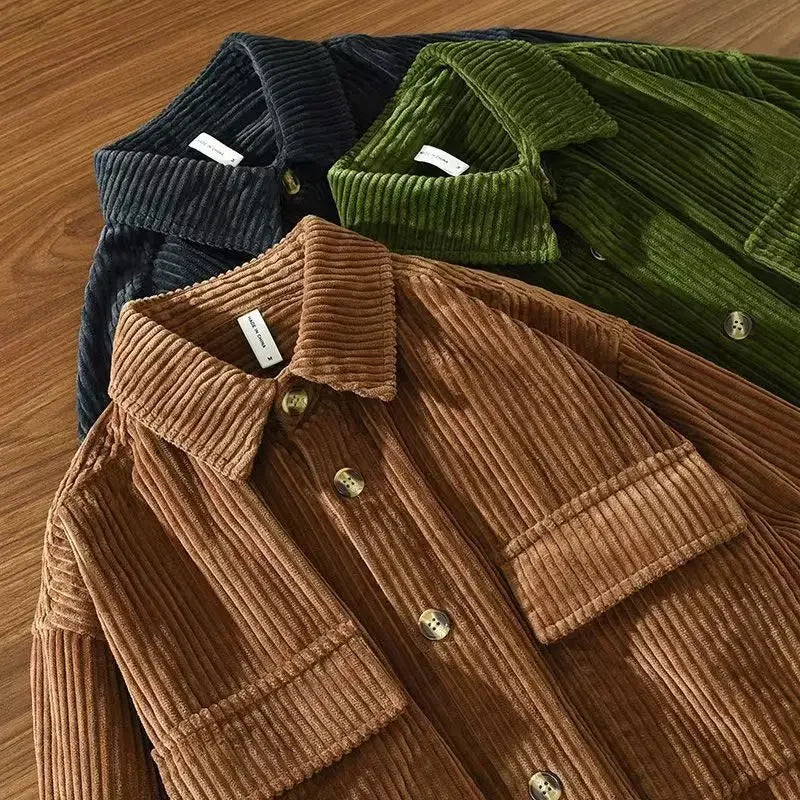 Men's long-sleeved corduroy shirt with button front and two chest pockets