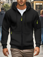 Men's dark green hooded zip-up hoodie with long sleeves and multiple zipped pockets