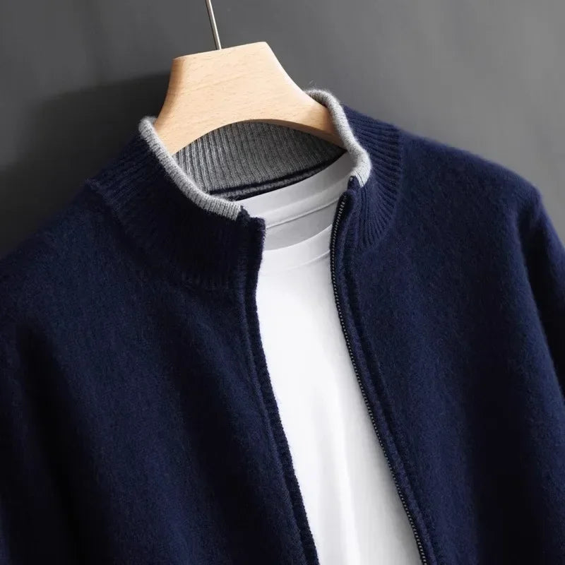 Unisex knitted zip-front bomber cardigan with ribbed collar