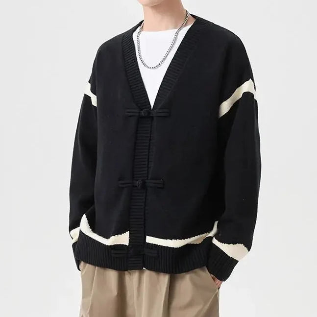 Men's striped V-neck cardigan sweater with long sleeves and tie closures