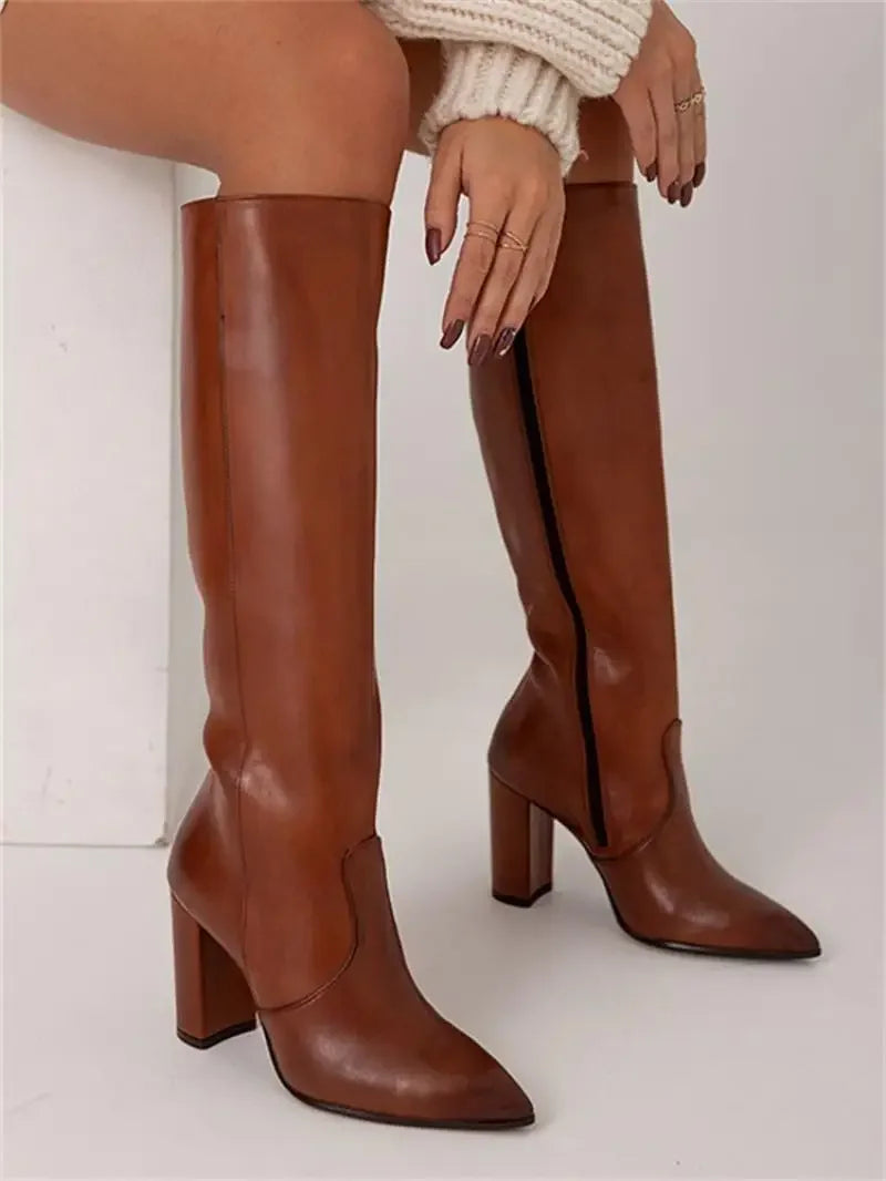 Women's knee-high pointed toe heeled boots