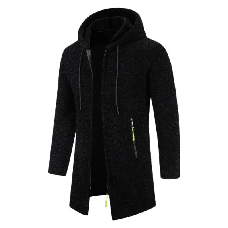Men's long textured hooded jacket with full zip fastening and zipped pockets