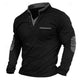 Men's black mock neck sweatshirt with button placket, chest pocket and contrast elbow patches