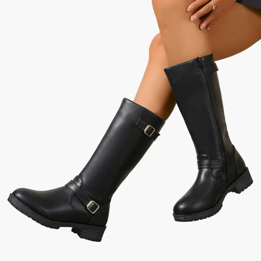 Women's black knee high boots with buckles and low heel