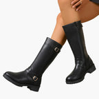 Women's black knee high boots with buckles and low heel