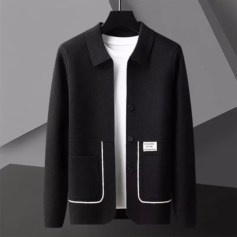 Men's collared cardigan with button front, long sleeves and contrast-trimmed patch pockets