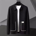 Men's collared cardigan with button front, long sleeves and contrast-trimmed patch pockets