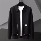 Men's collared cardigan with button front, long sleeves and contrast-trimmed patch pockets