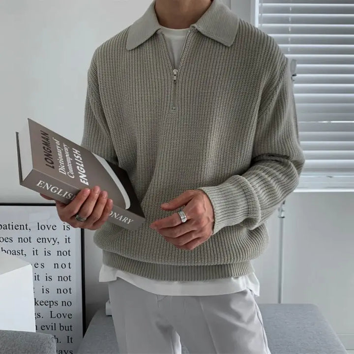 Ribbed quarter-zip sweater with polo collar and long sleeves