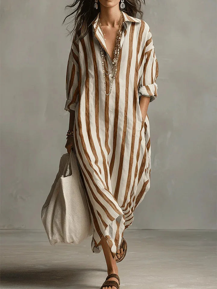 Women's long striped shirt dress with collar and rolled sleeves
