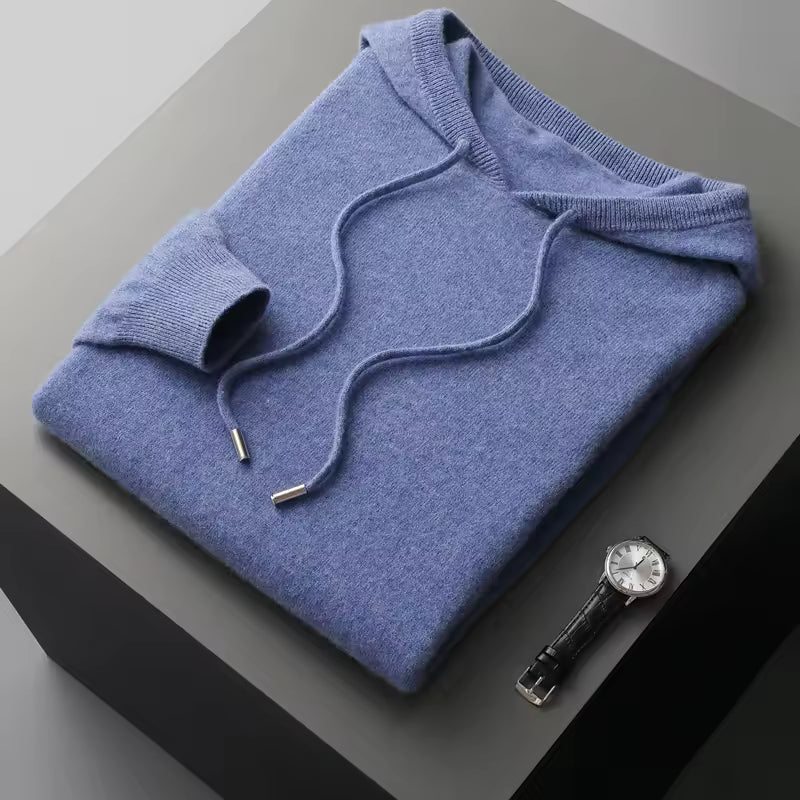 Men's plain hooded sweater with drawstrings and ribbed trims