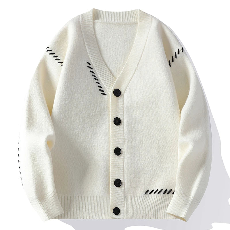 Textured button-front cardigan with V-neckline and contrasting stitched details
